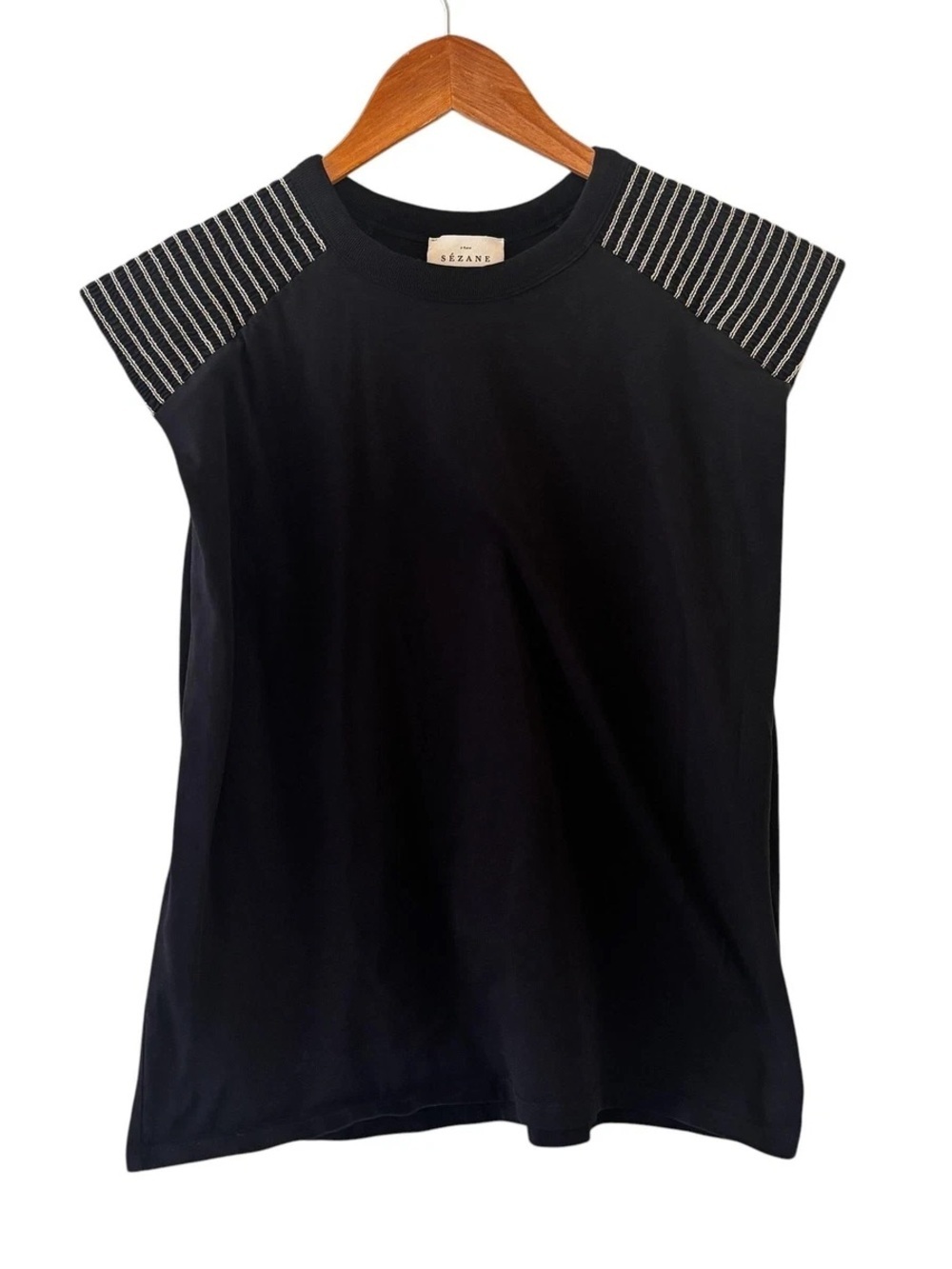 Sezane Abelia Black Tee with Striped Padded Shoulder Detail Size M